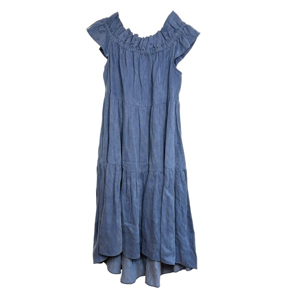ULLA JOHNSON Olivia Off-the-Shoulder Tiered Ruffle Chambray Denim Linen Dress 2 - Picture 1 of 17